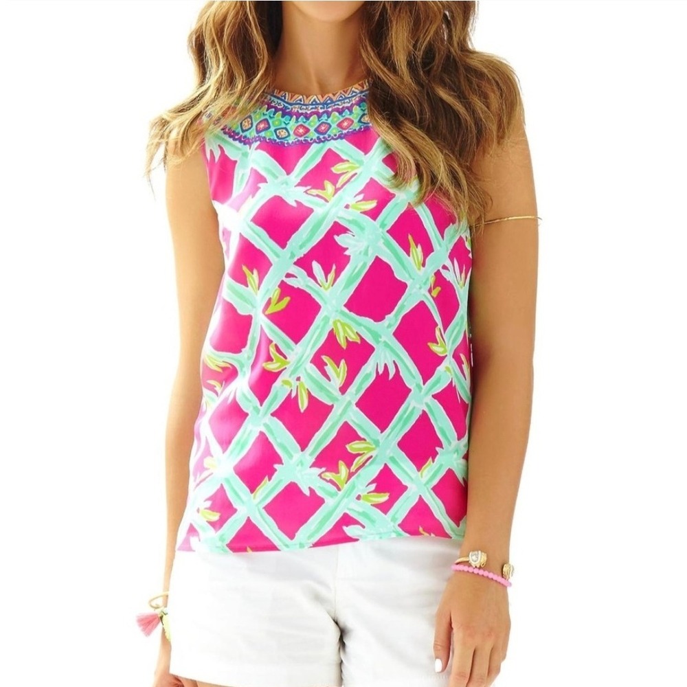 Lily Pulitzer‎ sleeveless silk top pink green leaf button back women's XS